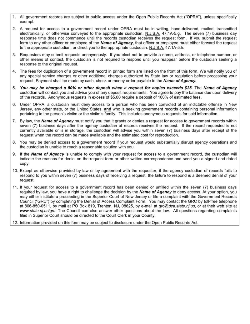 Large thumbnail of North Plainfield Open Public Records Act Request Form