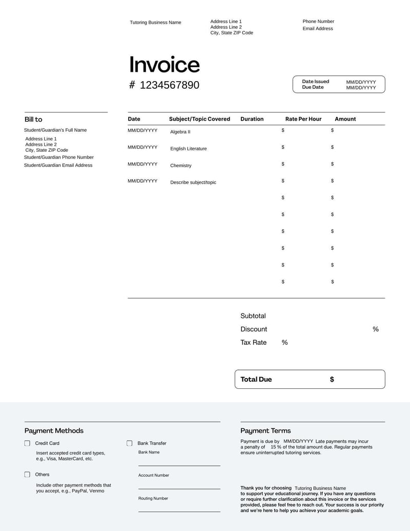 Self-Employed Tutor Invoice Template for billing students or parents for private tutoring sessions