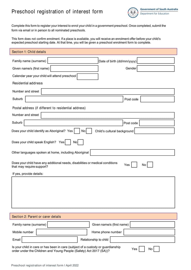 Large thumbnail of Aldgate Kindergarten Preschool Registration of Interest Form