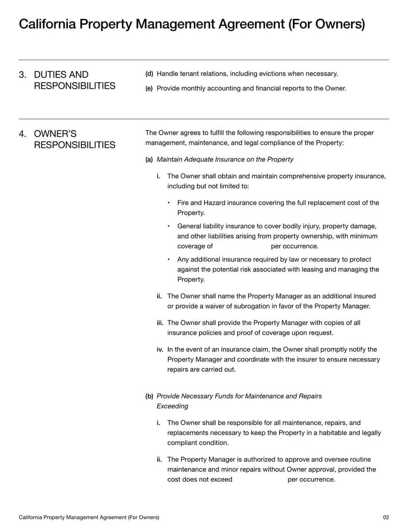 Property Management Agreement for California property owners detailing terms for managing rental properties