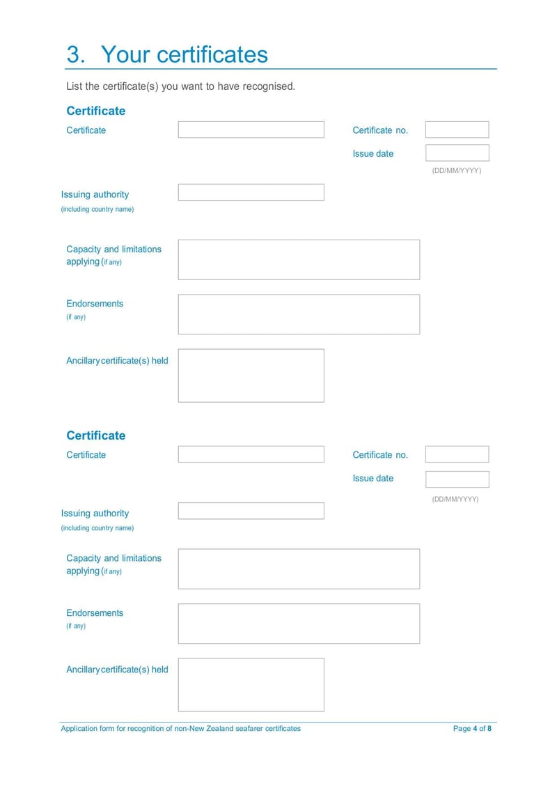 Large thumbnail of Application Form for Recognition of Non-New Zealand Seafarer Certificates - Aug 2020
