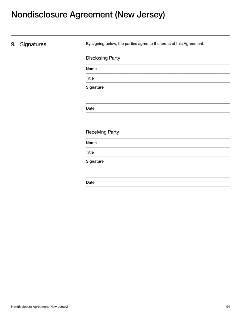 New Jersey Nondisclosure Agreement document with confidentiality and non-disclosure terms