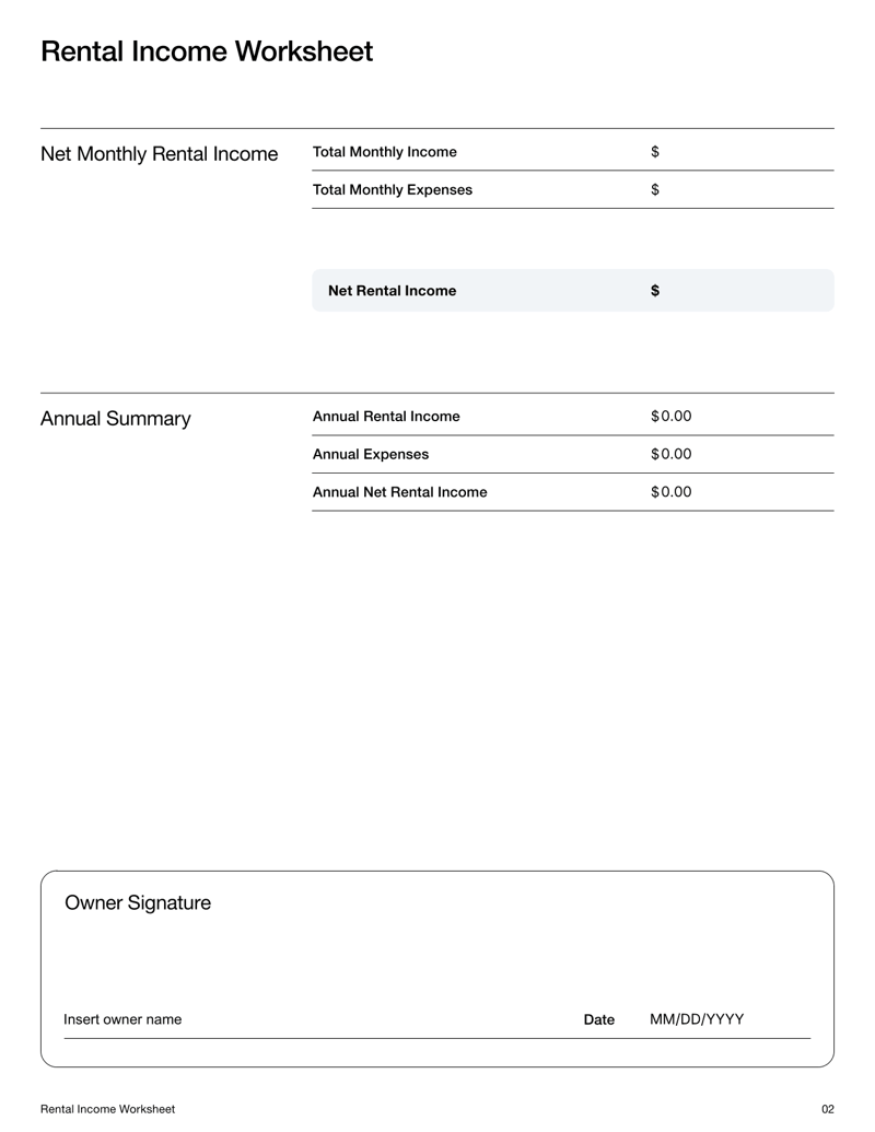 Rental Income Worksheet with sections for income, expenses and net rental calculations