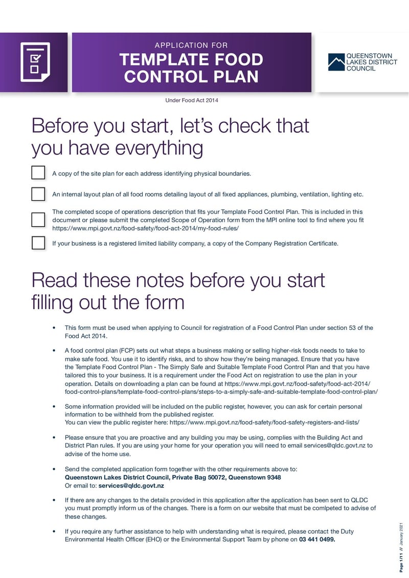 Large thumbnail of QLDC Food Control Plan Application Form - Jan 2021