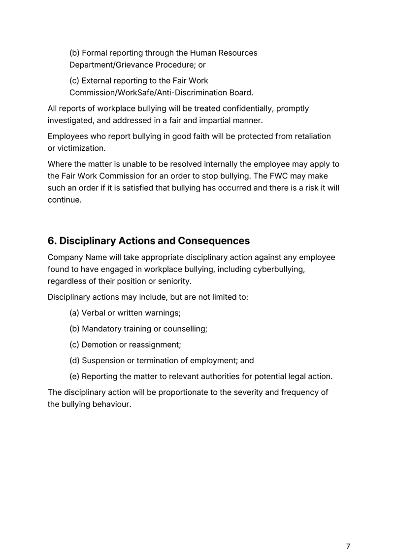 Anti-Bullying Policy for Australian workplaces addressing bullying, complaint procedures, compliance and employee protections
