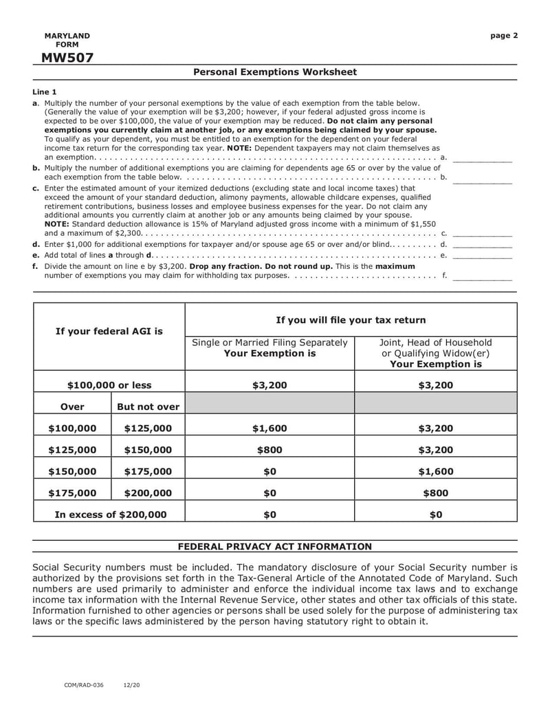 Thumbnail of Maryland Employee's Withholding Allowance Certificate - Dec 2020 - page 1