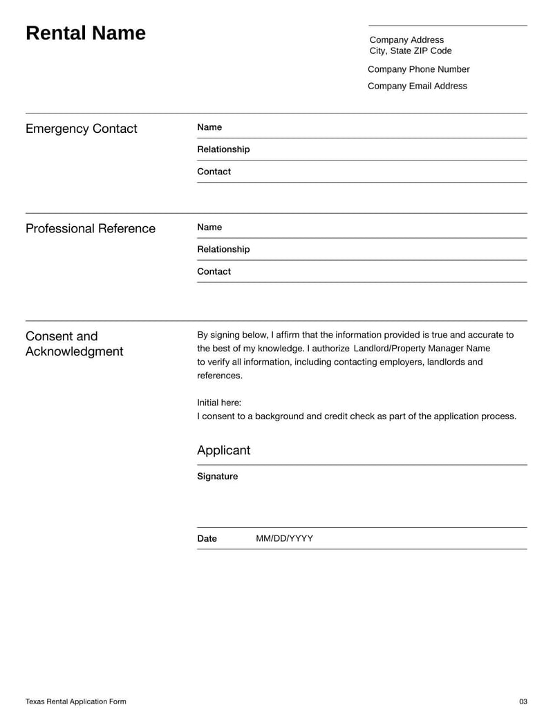 Rental Application Form Texas for providing rental information in Texas
