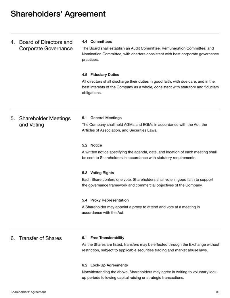 Shareholders’ Agreement (Public Company) covering shareholder rights, governance, dividends, voting and dispute resolution
