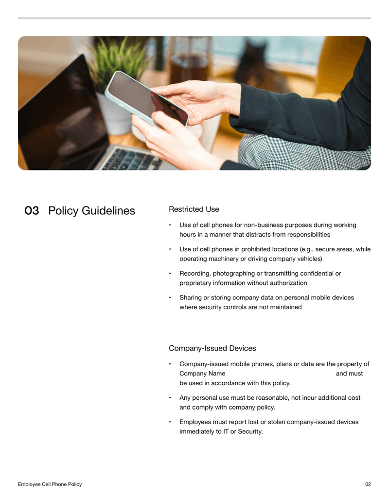 Employee Cell Phone Policy document defining guidelines for mobile phone usage, company-issued devices, security and acknowledgment