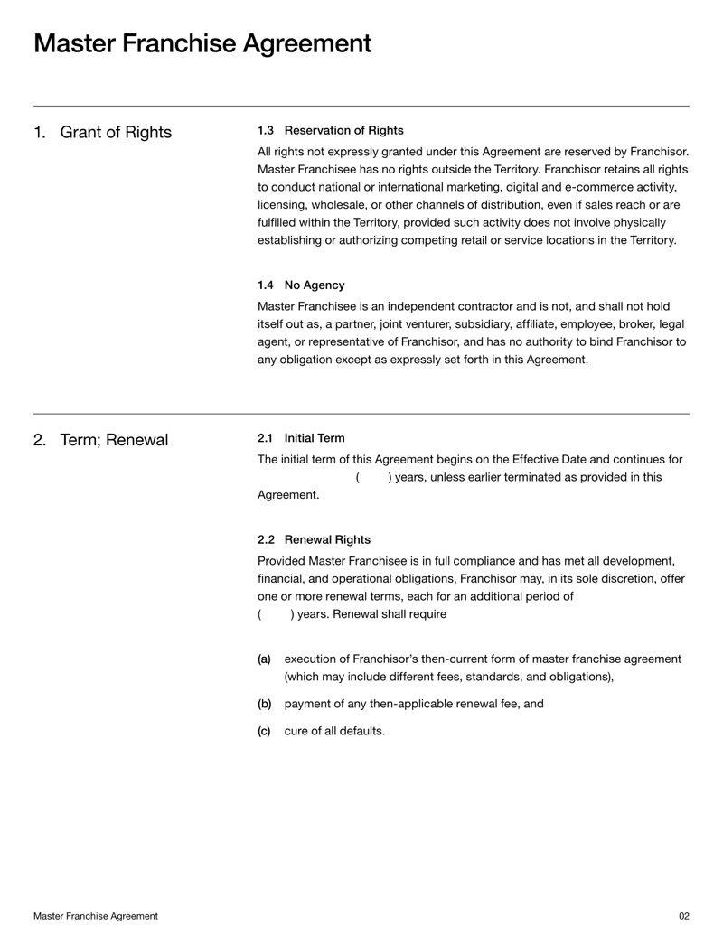 Master Franchise Agreement granting territorial and subfranchise rights with terms on fees, obligations and brand compliance