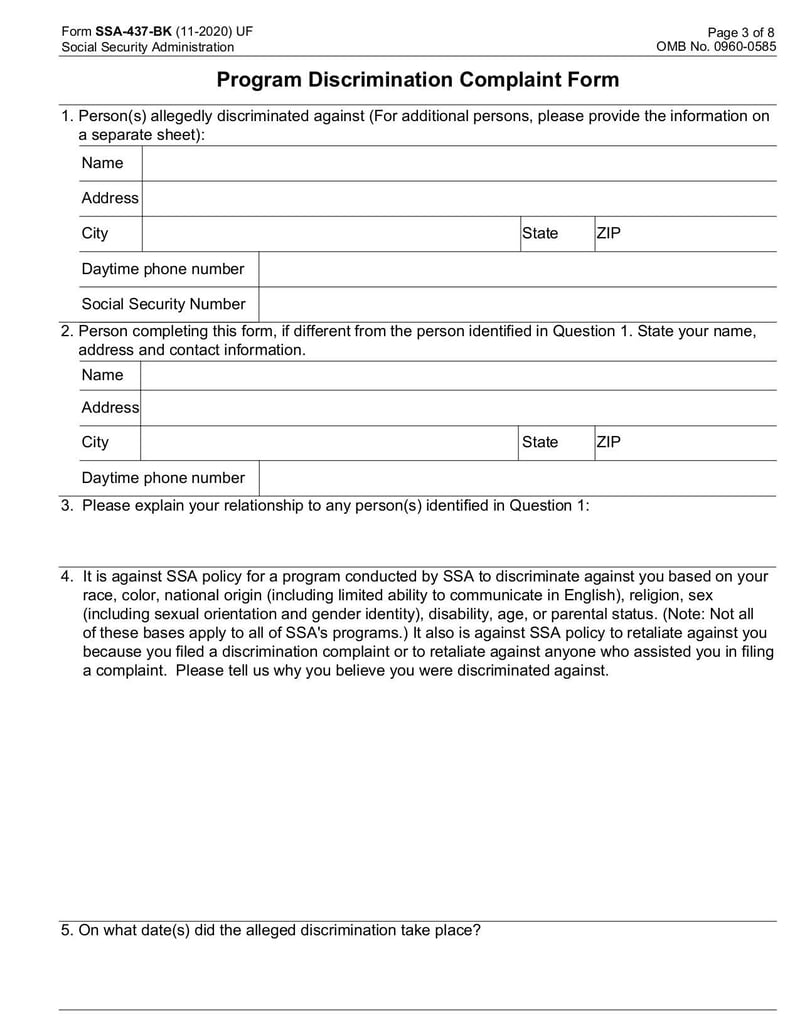 Large thumbnail of Complaint Form for Allegations of Program Discrimination by the Social Security Administration (Form SSA-437-BK) - Dec 2021