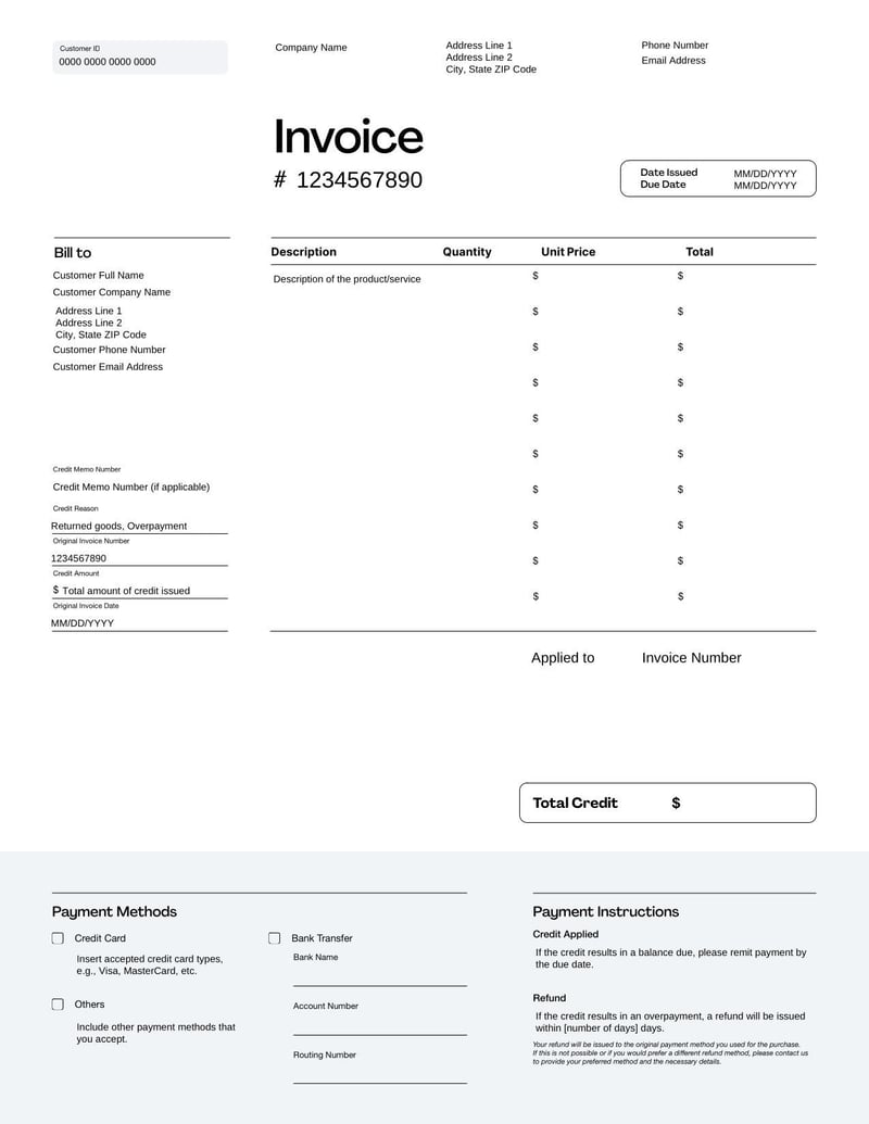 Credit Invoice Template for issuing refunds, adjustments, or credit for overpayments or service corrections