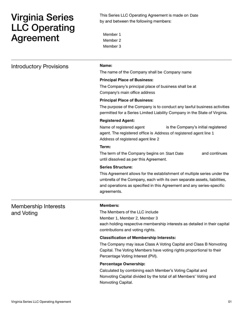 Virginia Series LLC Operating Agreement outlining structure and management of a Virginia Series LLC