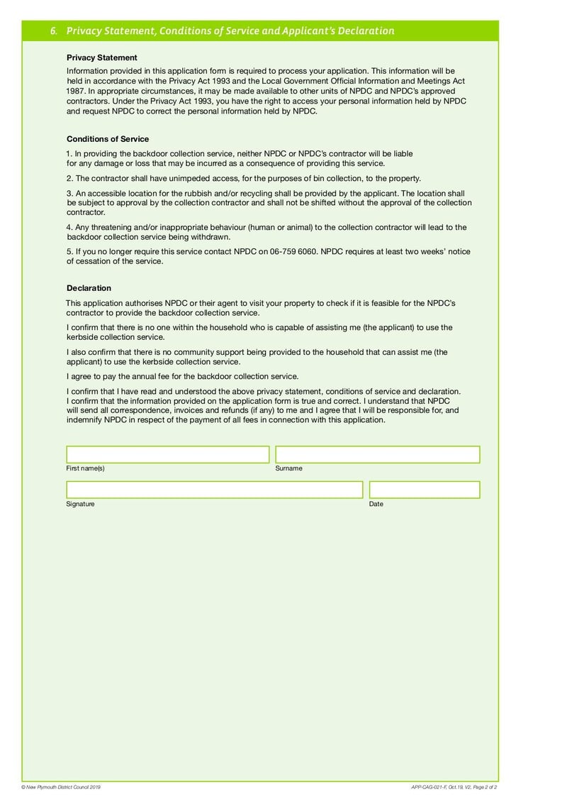 Large thumbnail of Application for Backdoor Refuse Collection Service Form - Oct 2019