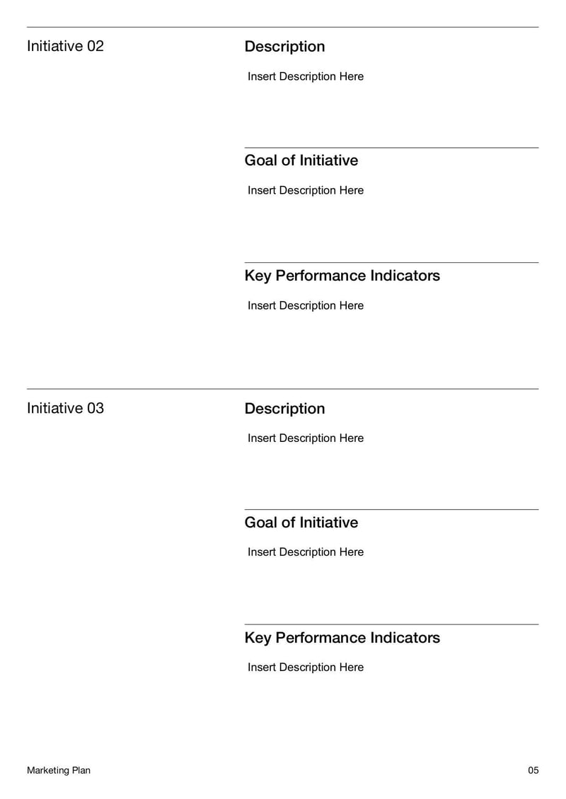Marketing Plan Template for organizing marketing strategies, target audiences, budgets, and campaign goals