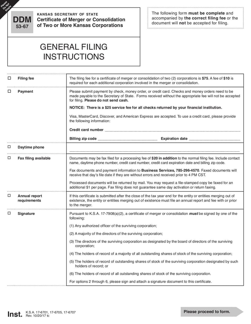 Large thumbnail of Certificate of Merger or Consolidation of Two or More Kansas Corporations - Oct 2017