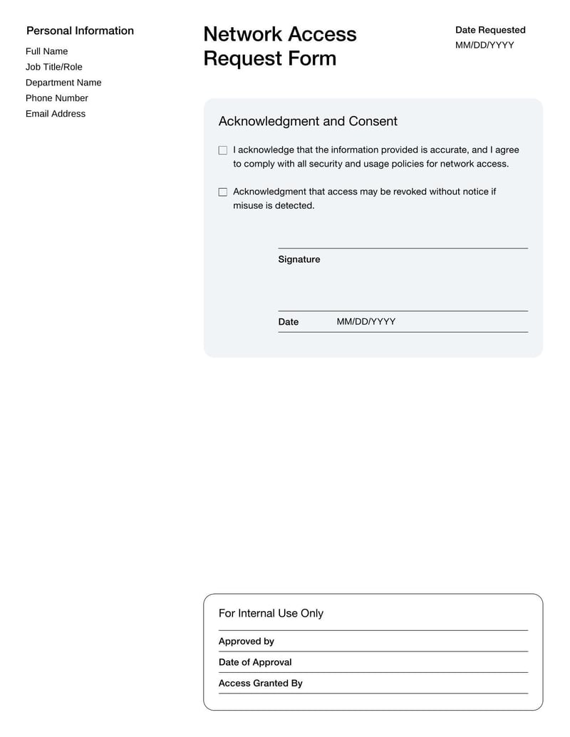 Network Access Request Form for gaining access to secured digital networks