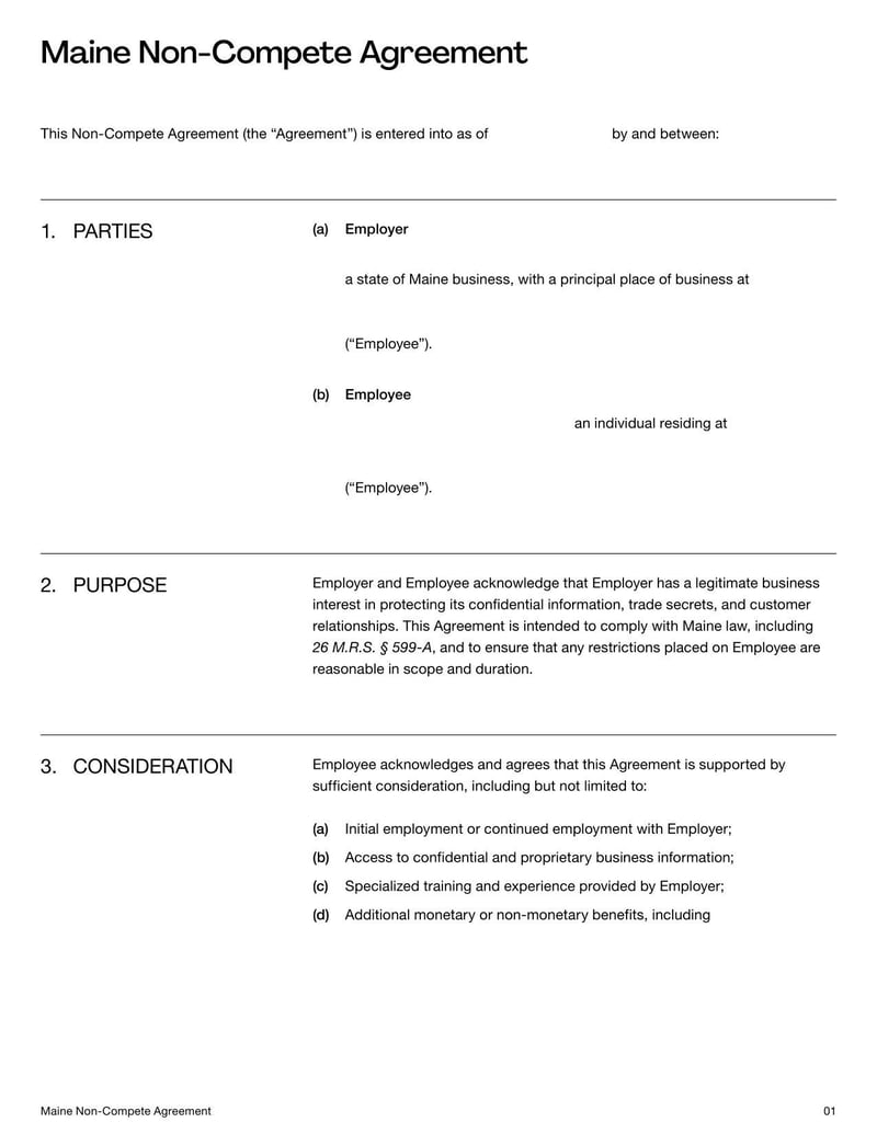 Non-Compete Agreement Maine for specifying employment restrictions on competitive work within the state’s legal limits