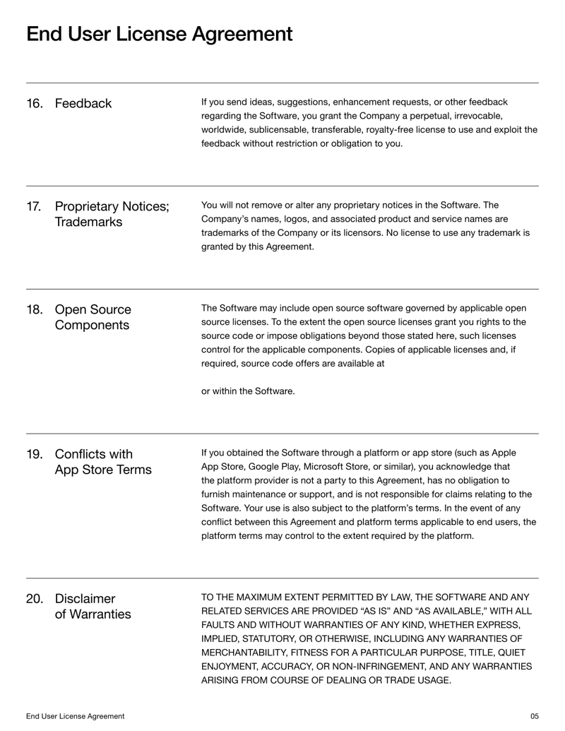 End User License Agreement setting software license terms, user rights and compliance obligations