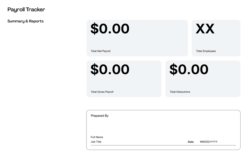 Payroll Tracker Template for employee hours, taxes, deductions and net pay records