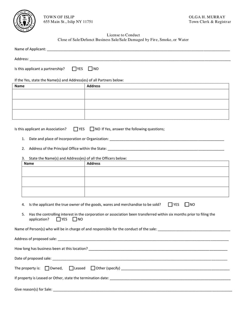 Large thumbnail of Town of Islip License to Conduct Close of Sale/Defunct Business Sale/Sale Damaged by Fire, Smoke, or Water