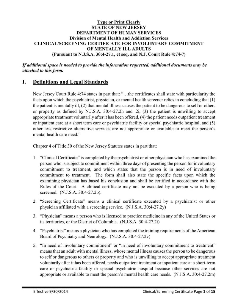Large thumbnail of New Jersey Clinical Screening Certificate for Involuntary Commitment of Mentally Ill Adults