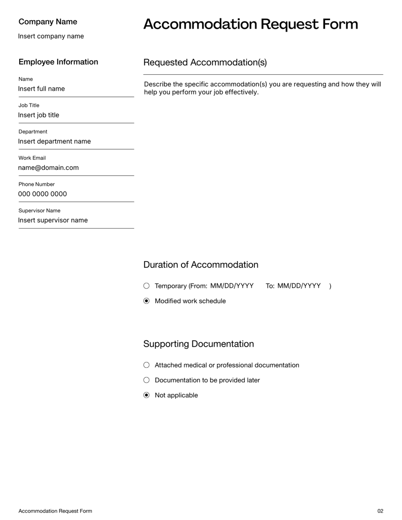 Accommodation Request Form for submitting workplace accommodation due to disability, religion or medical needs