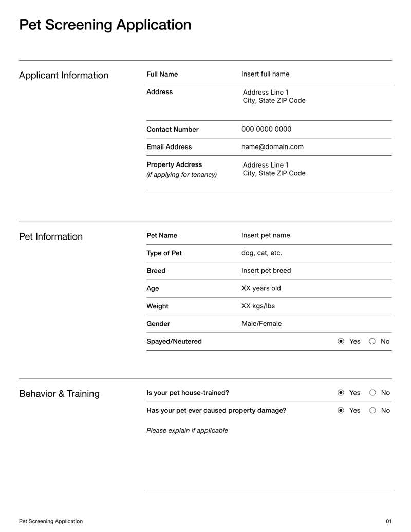 Pet Screening Application form with sections for pet details, behavior history, health records and owner authorization
