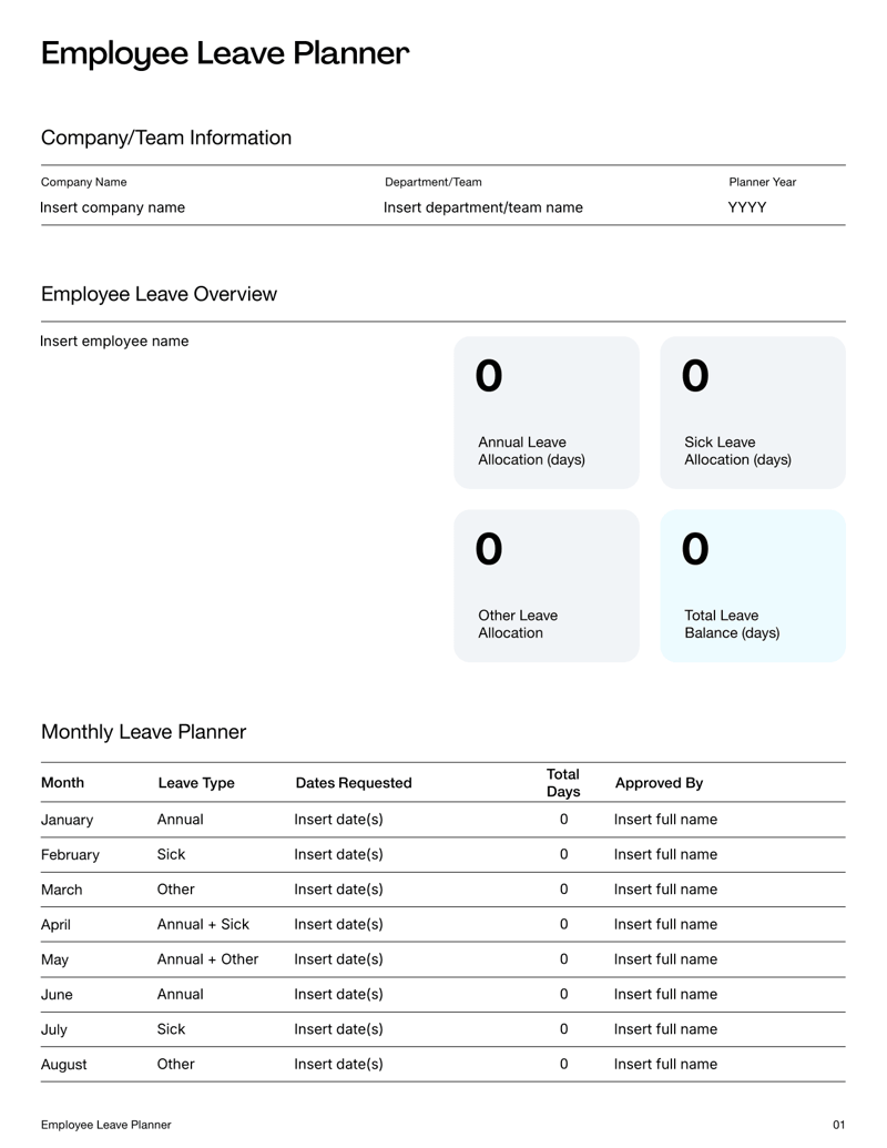 Employee Leave Planner template with yearly allocation, monthly scheduling tables, leave summaries and approval fields