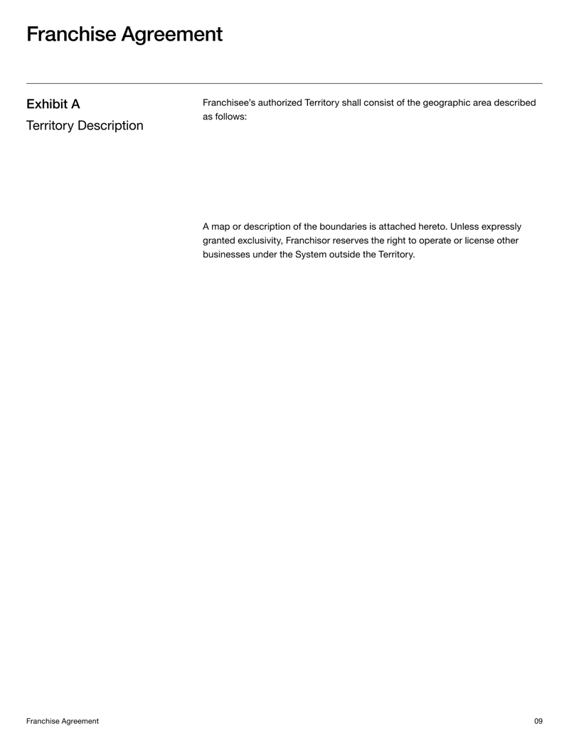 Franchise Agreement form detailing franchisor–franchisee rights and obligations