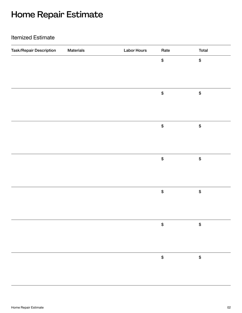 Home Repair Estimate with sections for project details, itemized repair costs, payment terms and signatures