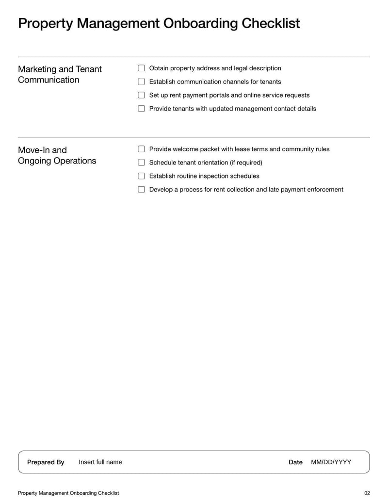 Property Management Onboarding Checklist for guiding new property managers through essential tasks