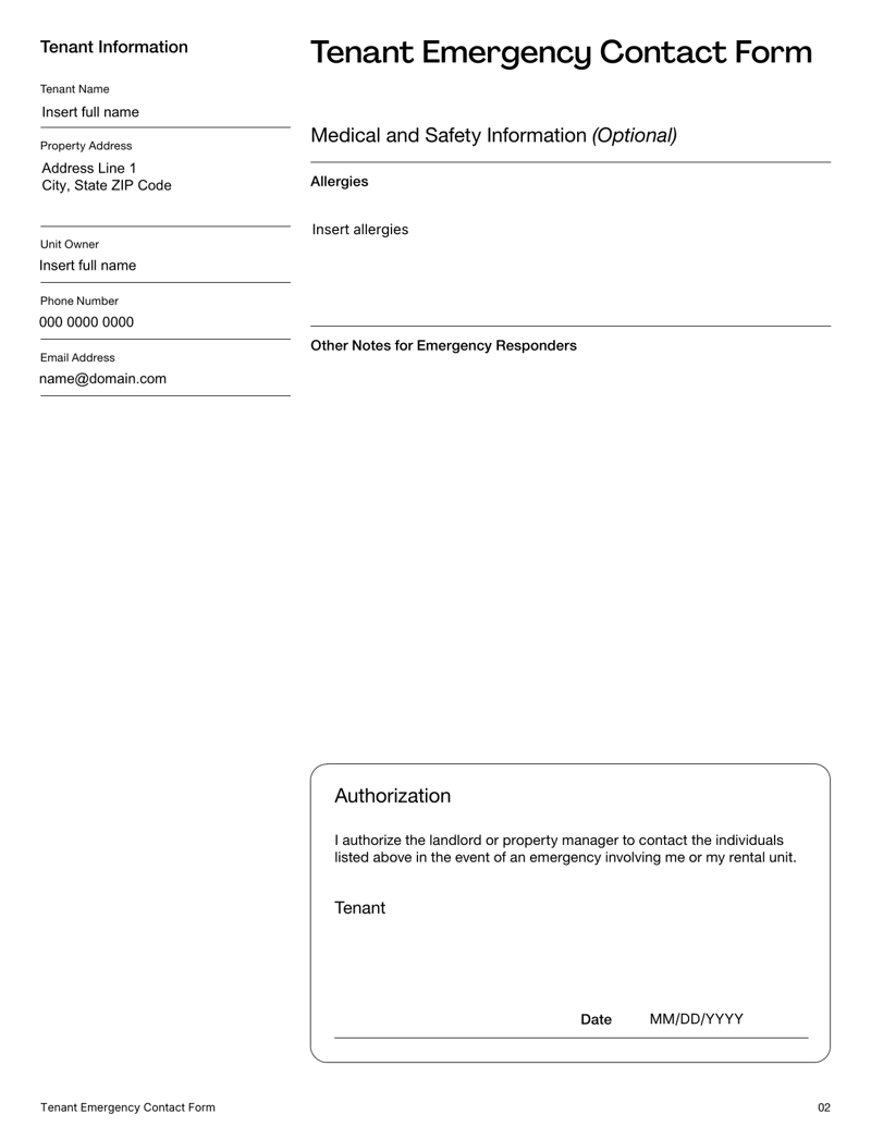 Tenant Emergency Contact Form with sections for tenant details, primary and secondary emergency contacts and authorization
