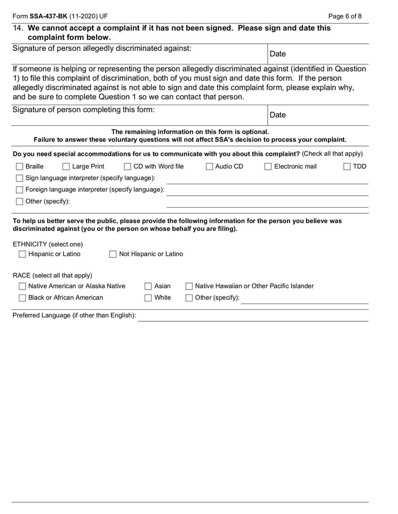 Thumbnail of Complaint Form for Allegations of Program Discrimination by the Social Security Administration (Form SSA-437-BK) - Dec 2021 - page 5