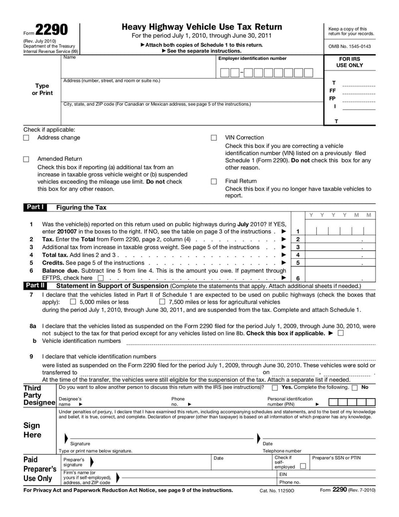 Large thumbnail of Form 2290 - Jul 2010