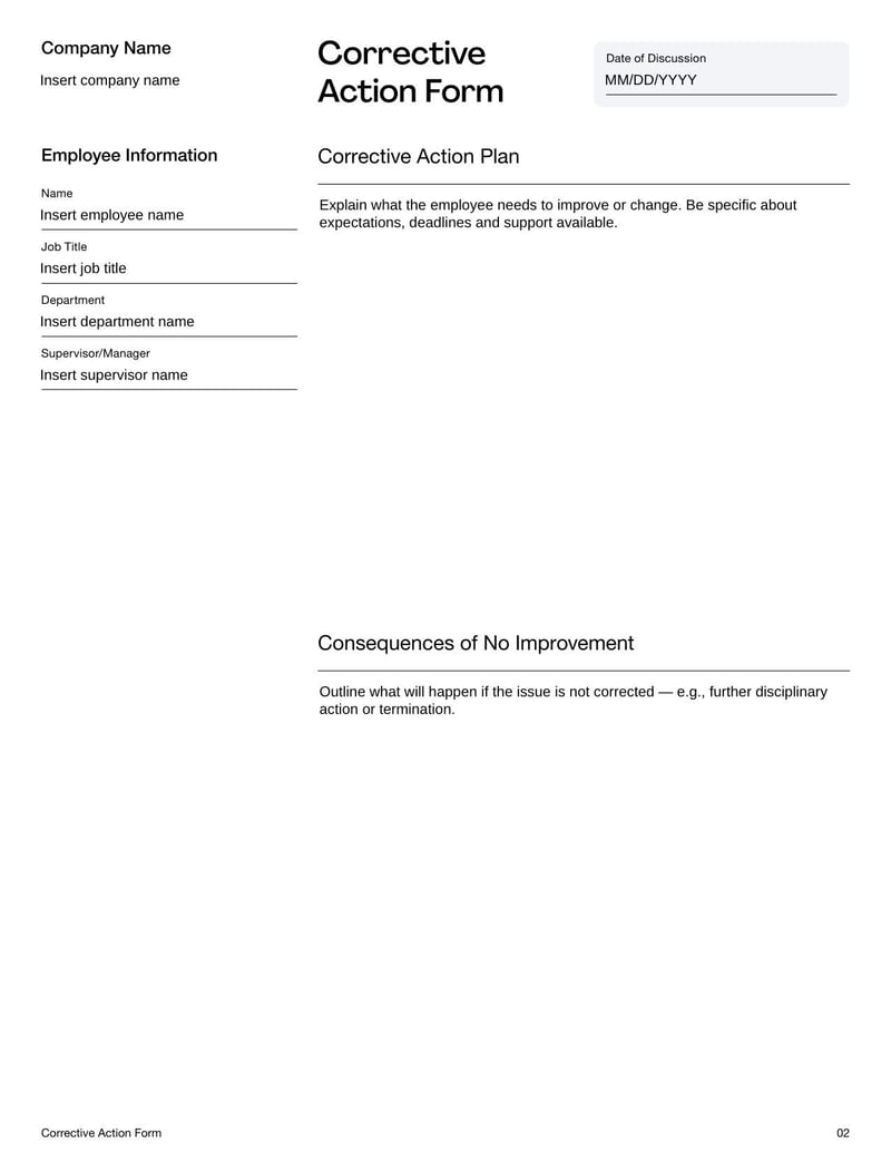 Corrective Action Form for documenting performance or behavior issues and steps for improvement