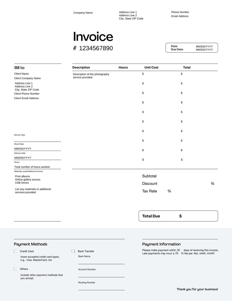 Photography Invoice for defining photography services, session fees, and image licensing costs