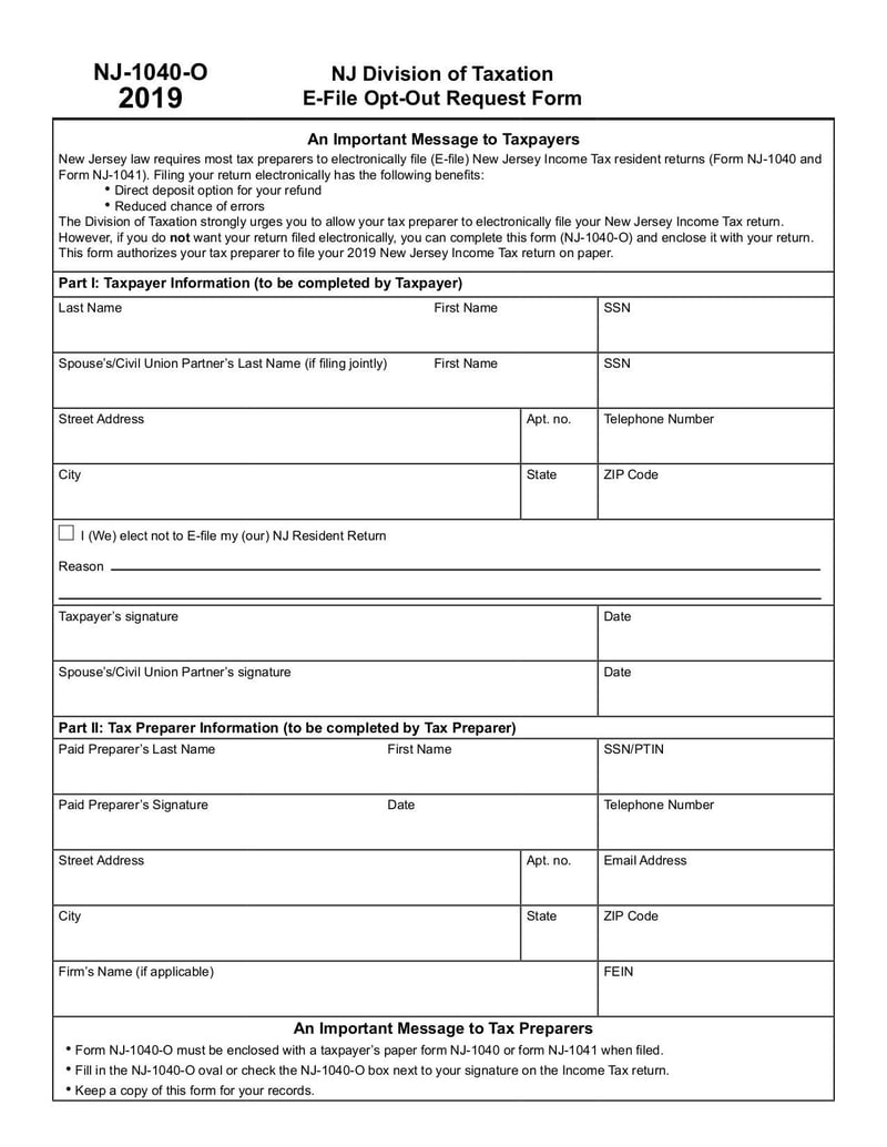 Large thumbnail of NJ-1040-O E-File Opt-Out Request Form - Dec 2019