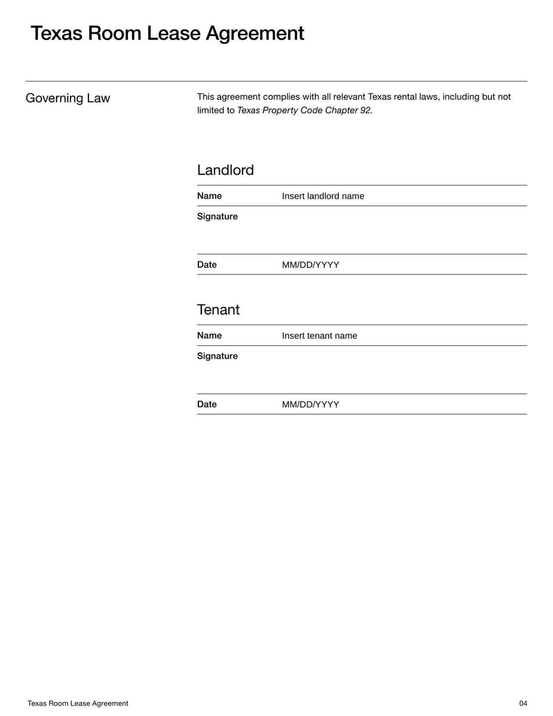 Room Lease Agreement Texas template for specifying rental terms, tenant responsibilities, and use of a room within a residential property in Florida