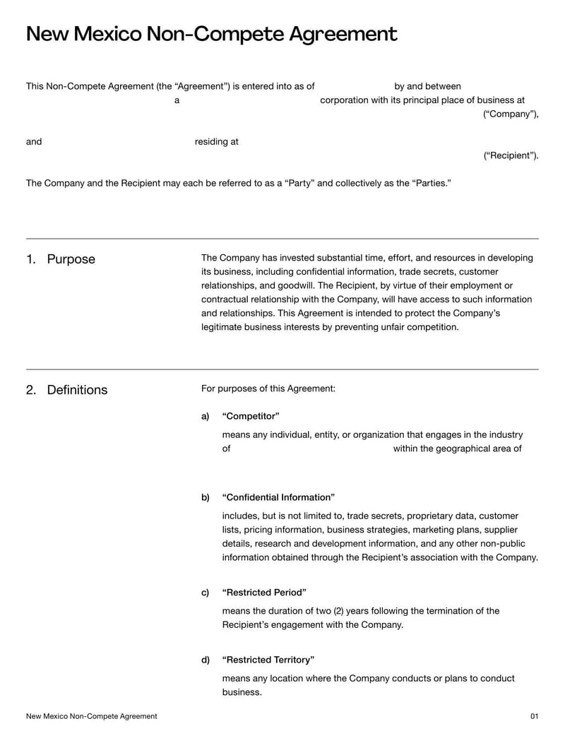 Non-Compete Agreement Mexico template detailing legal terms for post-employment competition