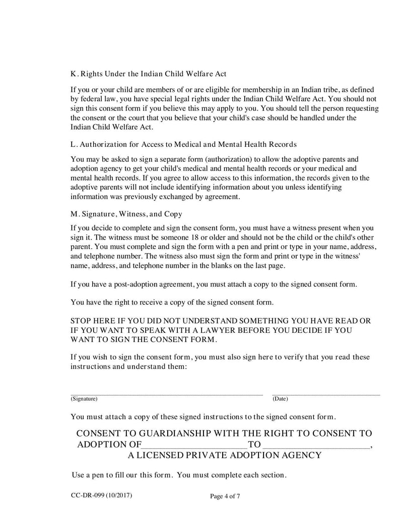 Large thumbnail of Consent of Parent to a Private Agency Guardianship (Form CC-DR-099) - Oct 2017