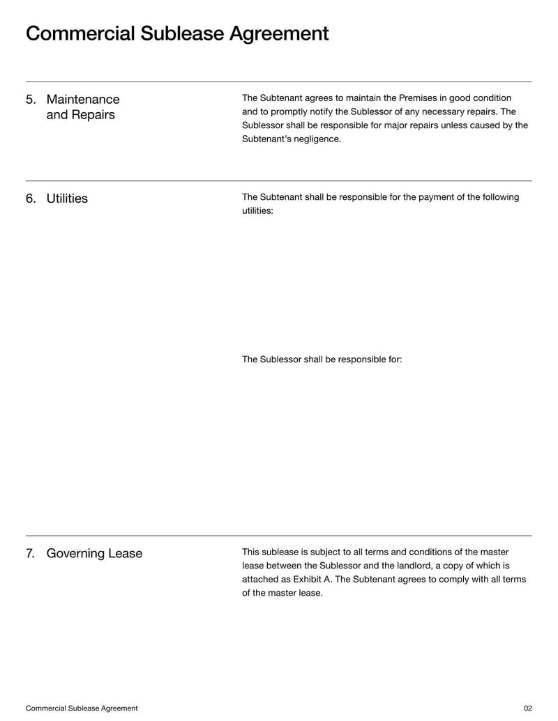 Commercial Sublease Agreement for subleasing business or retail space