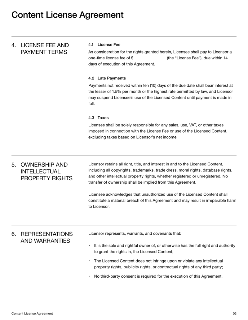 Content License Agreement detailing usage terms, rights and restrictions for licensed creative works