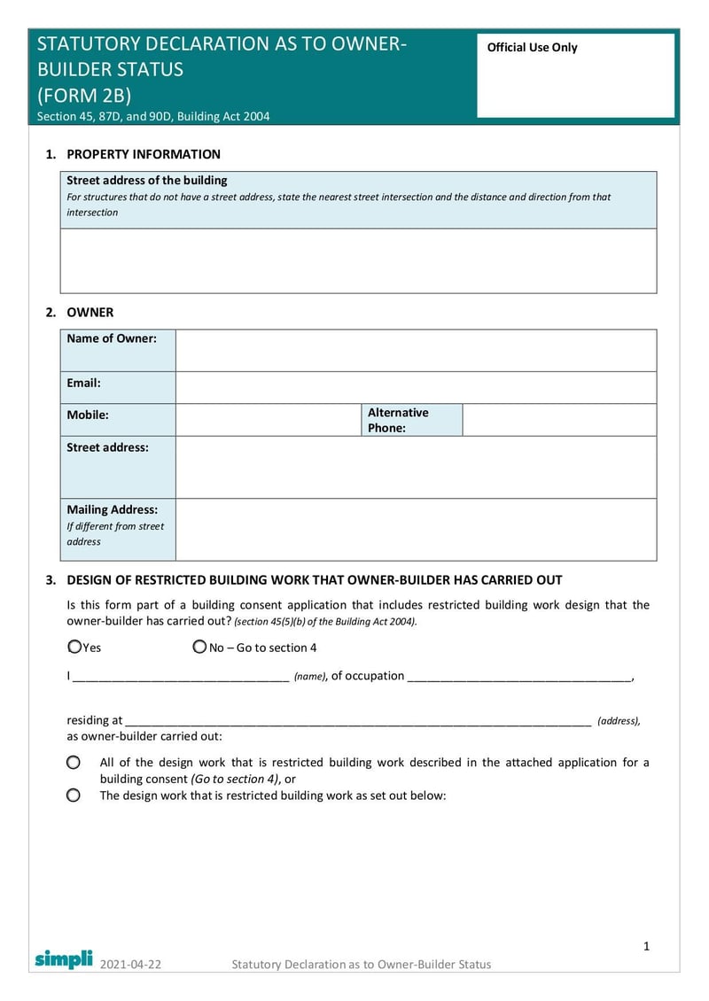 Large thumbnail of Form 2B Statutory Declaration as to Owner-Builder Status - Apr 2021