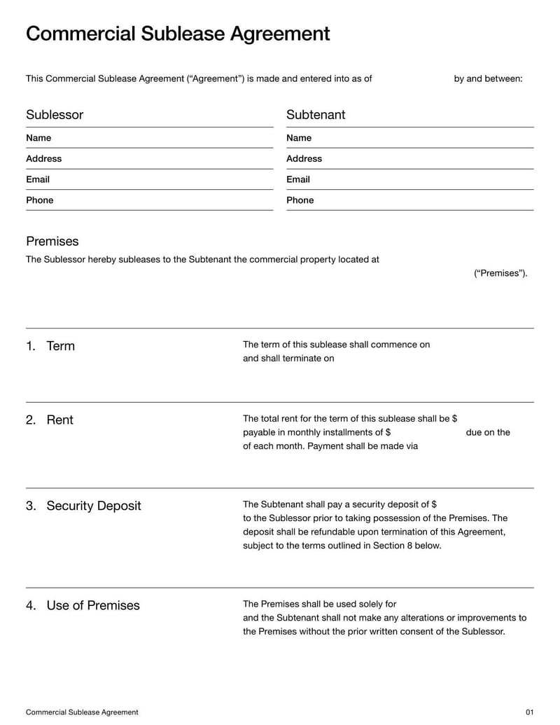 Commercial Sublease Agreement for subleasing business or retail space