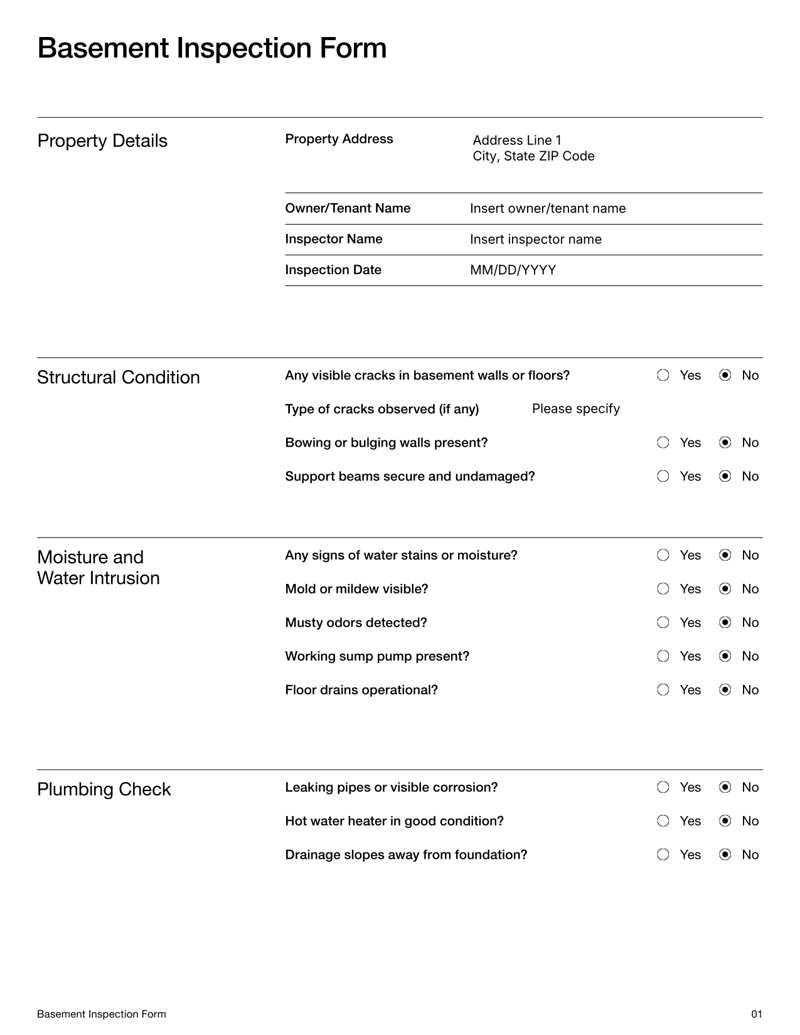 Basement Inspection Form for checking structural safety, moisture and mold in home basements