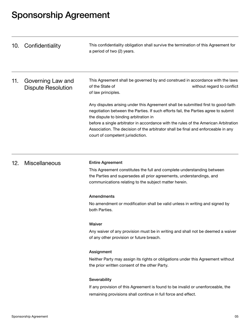 Sponsorship Agreement for defining sponsor contributions and event promotion terms