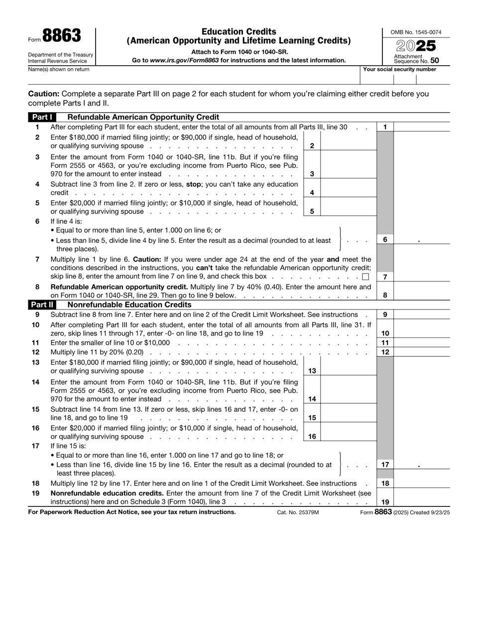 Form 8863 2025 Education Credits (American Opportunity and Lifetime ...