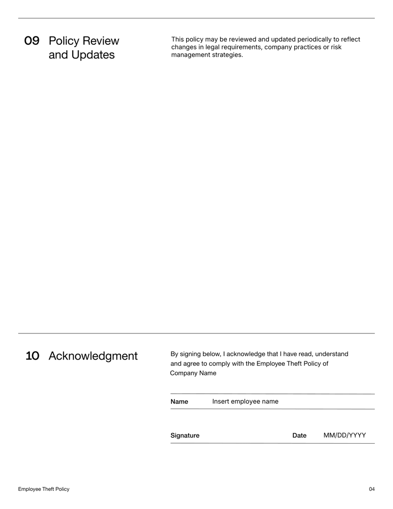 Employee Theft Policy explaining prohibited conduct, reporting procedures and investigation guidelines
