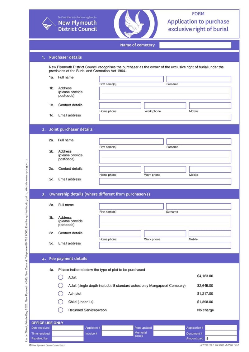 Large thumbnail of Form 104 Application to Purchase Exclusive Right of Burial - Sep 2022